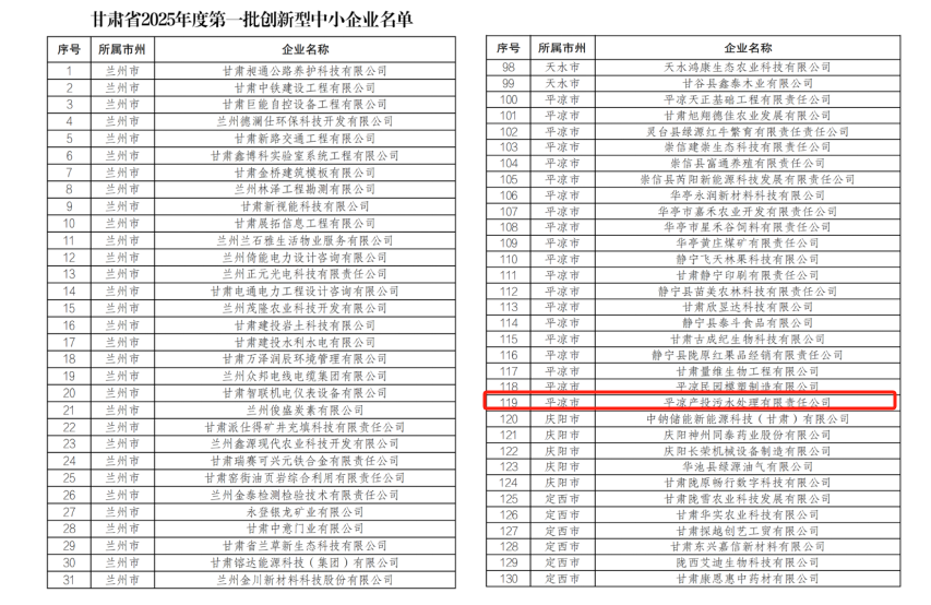 喜报！市产投集团污水处理公司成功入围甘肃省2025年度第一批创新型中小企业！(图1)